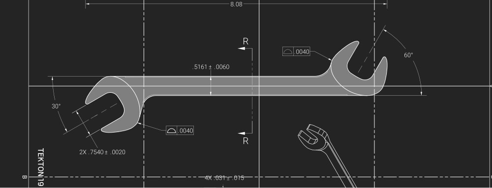 CAD drawings of a 19 mm angle head open end wrench