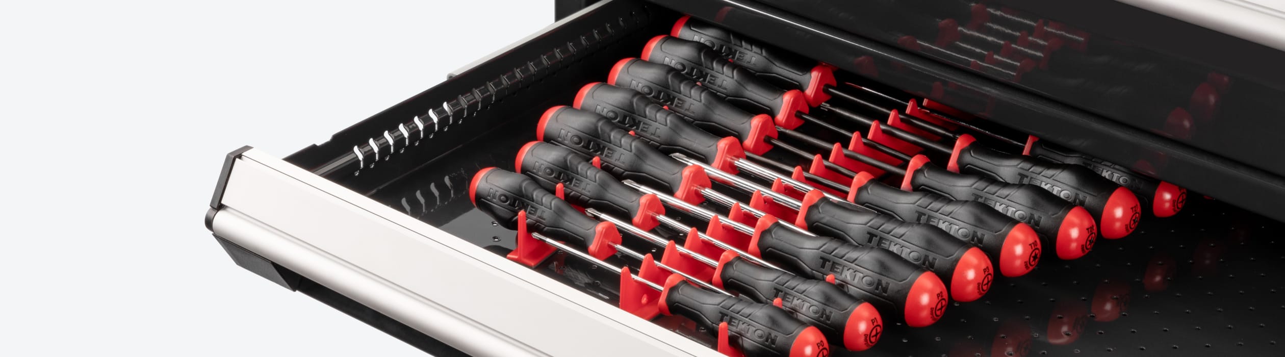 TEKTON High-Torque Screwdriver Set on rails in a tool cabinet drawer