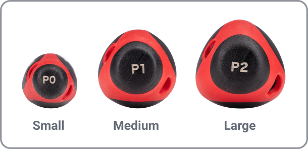 The P0 driver has a small handle, the P1 driver has a medium handle, and the P2 driver has a large handle.