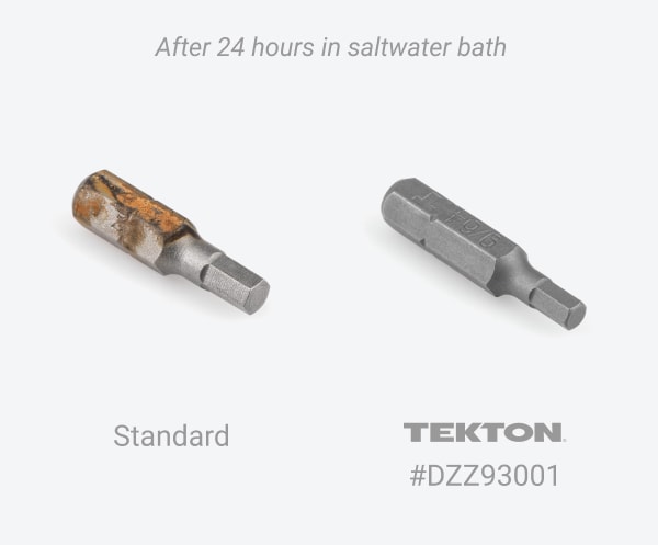 A corroded standard bit compared to Tekton bit without corrosion
