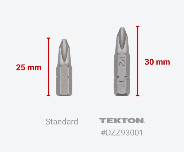 A standard bit 25 mm in height compared to a Tekton #DZZ93001 bit 30 mm in height