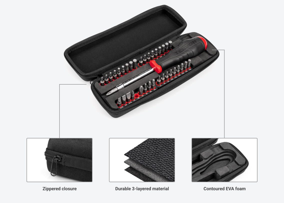 The black Tekton bit set case laid flat with a zipper closure, durable 3-layered material, and molded foam for driver.