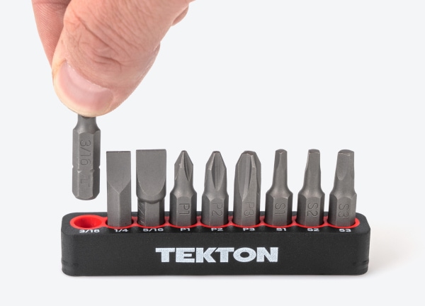 A set of bits in a black rail with white Tekton logo