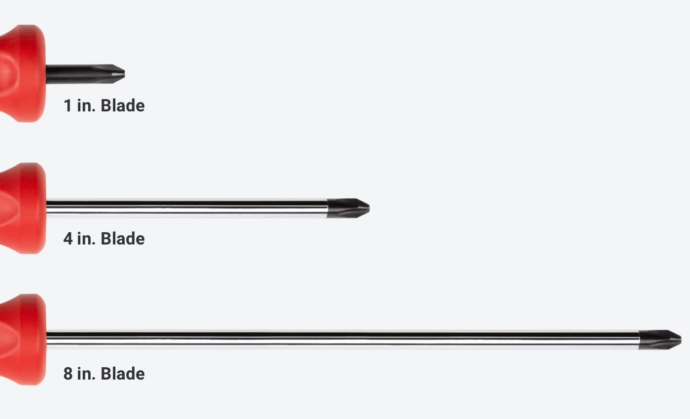 Phillips screwdriver blades shown in 3 lengths