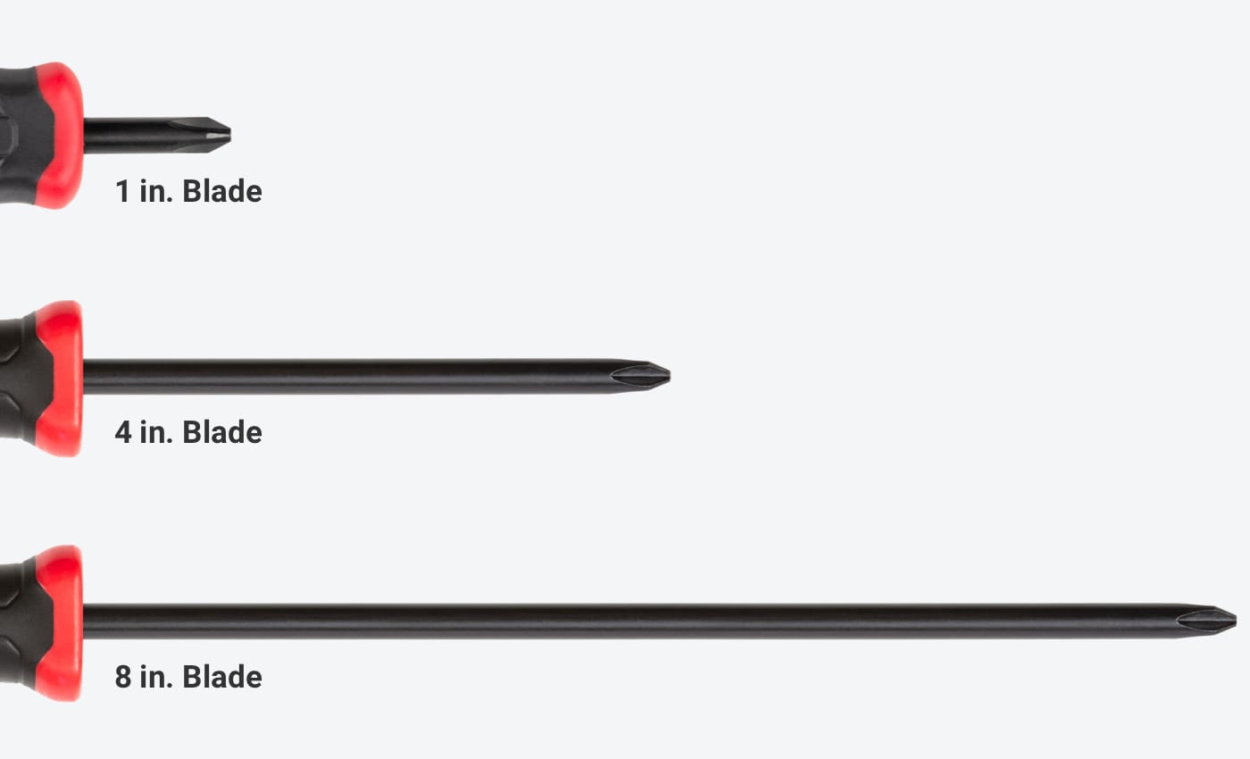 Phillips screwdriver blades shown in 3 lengths