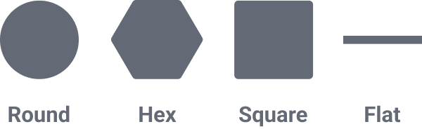 Graphic showing round, hex, square, and flat shapes.