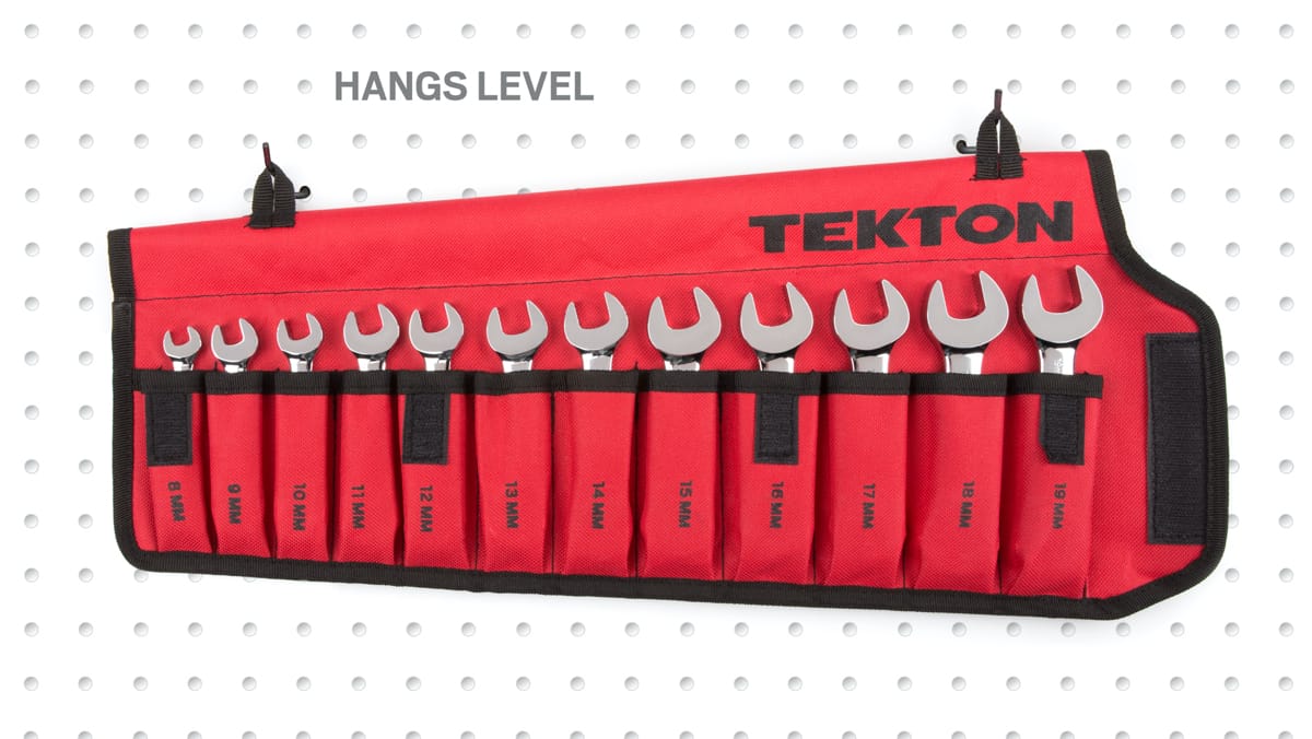 The TEKTON Wrench Pouch hangs level on a peg board