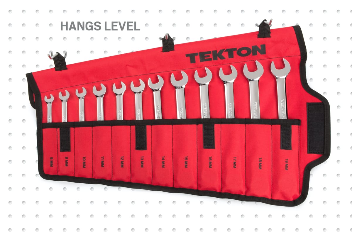 The TEKTON Wrench Pouch hangs level on a peg board