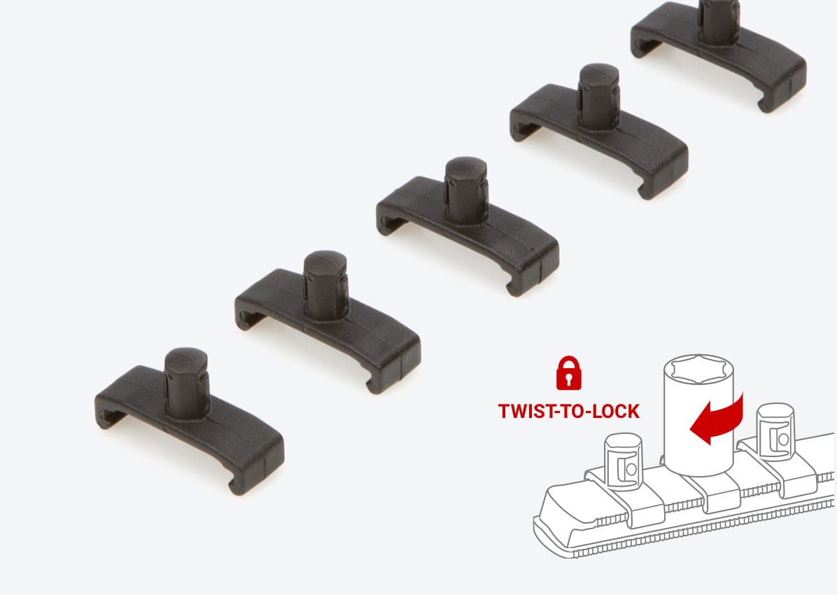 Socket rail clips with illustration of twist-to-lock feature