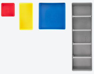 Top-down view of all organizer bin options: red, yellow, blue, and gray.
