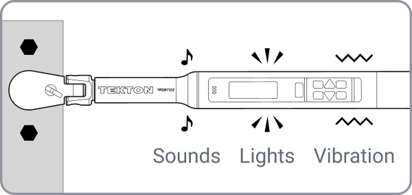 Graphic showing sounds, lights, and vibration from the handle of an electronic torque wrench.