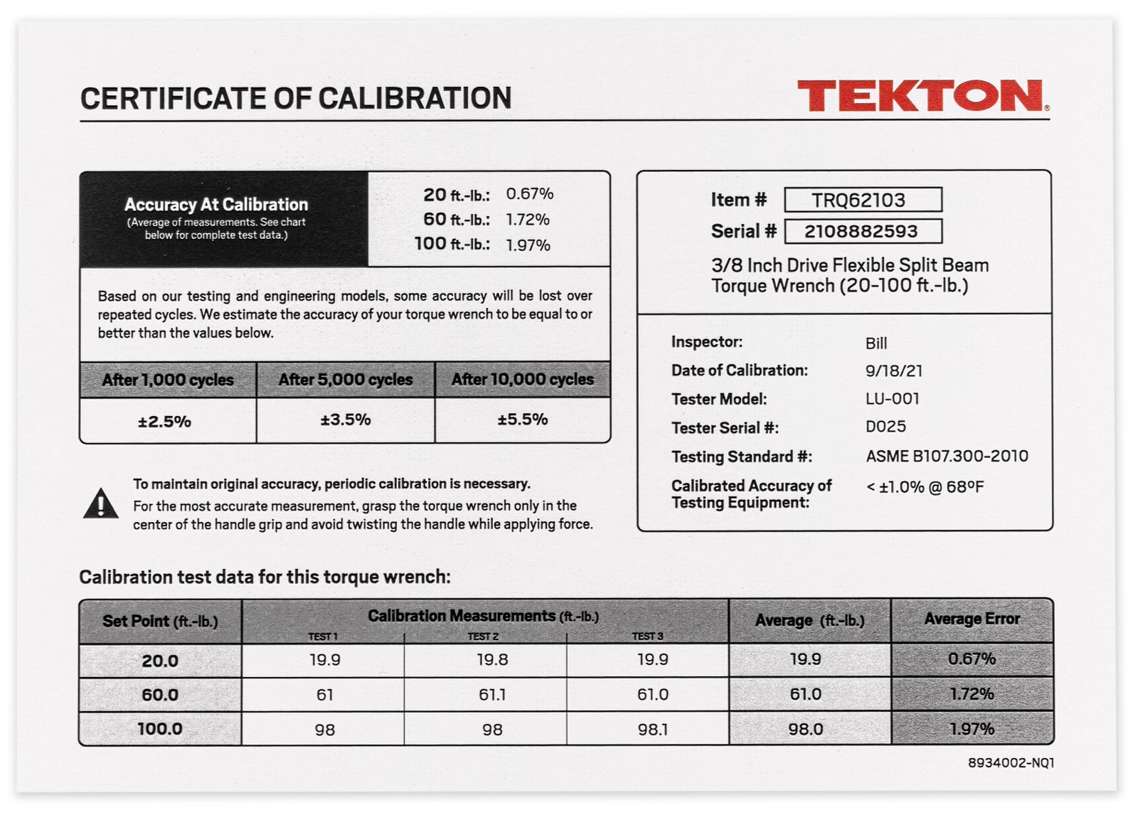 TEKTON Split Beam Torque Wrench Calibration Certificate