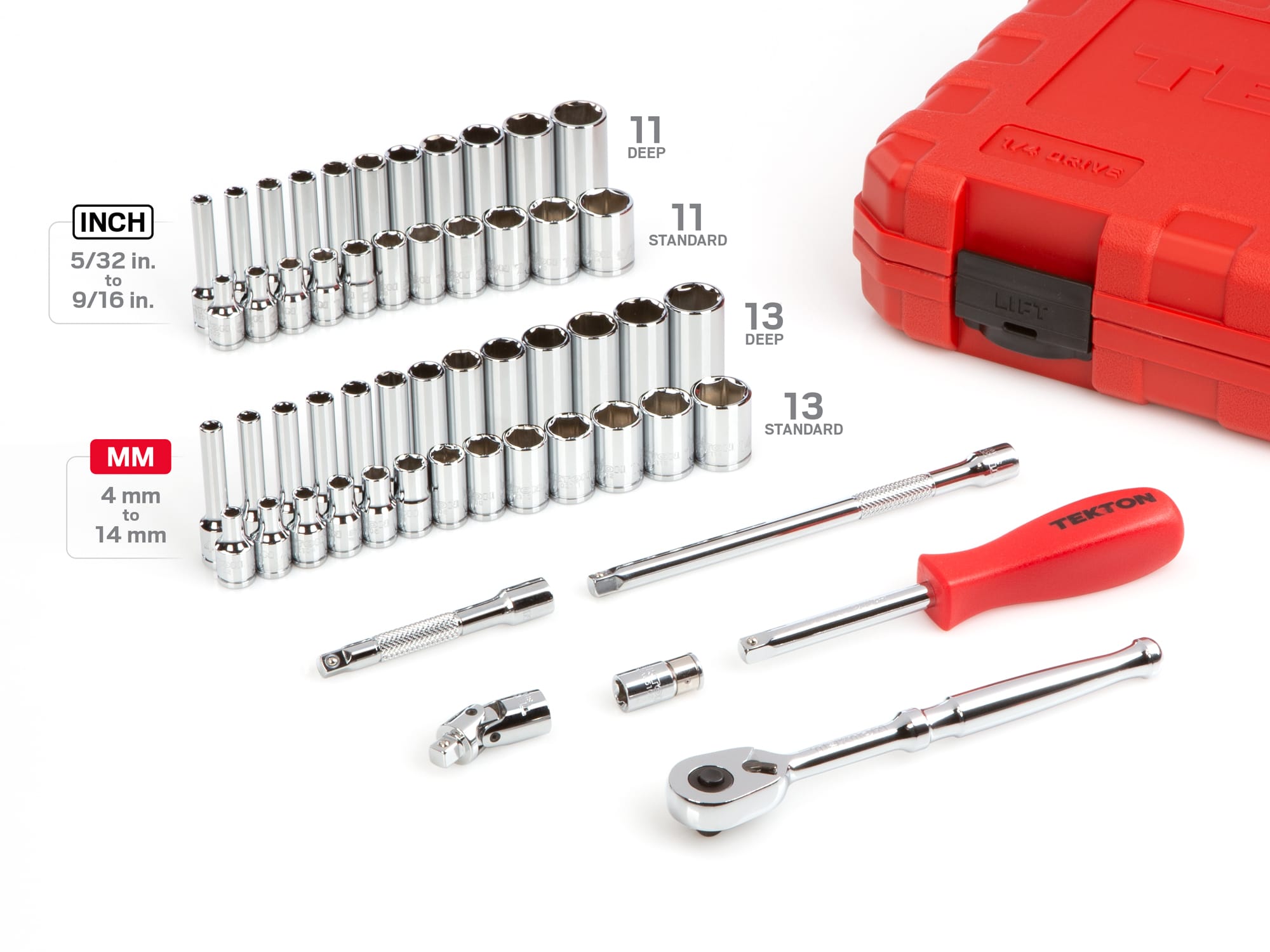 1/4 Inch Drive 6-Point Socket and Ratchet Set, 55-Piece (5/32-9/16 in.,  4-14mm)