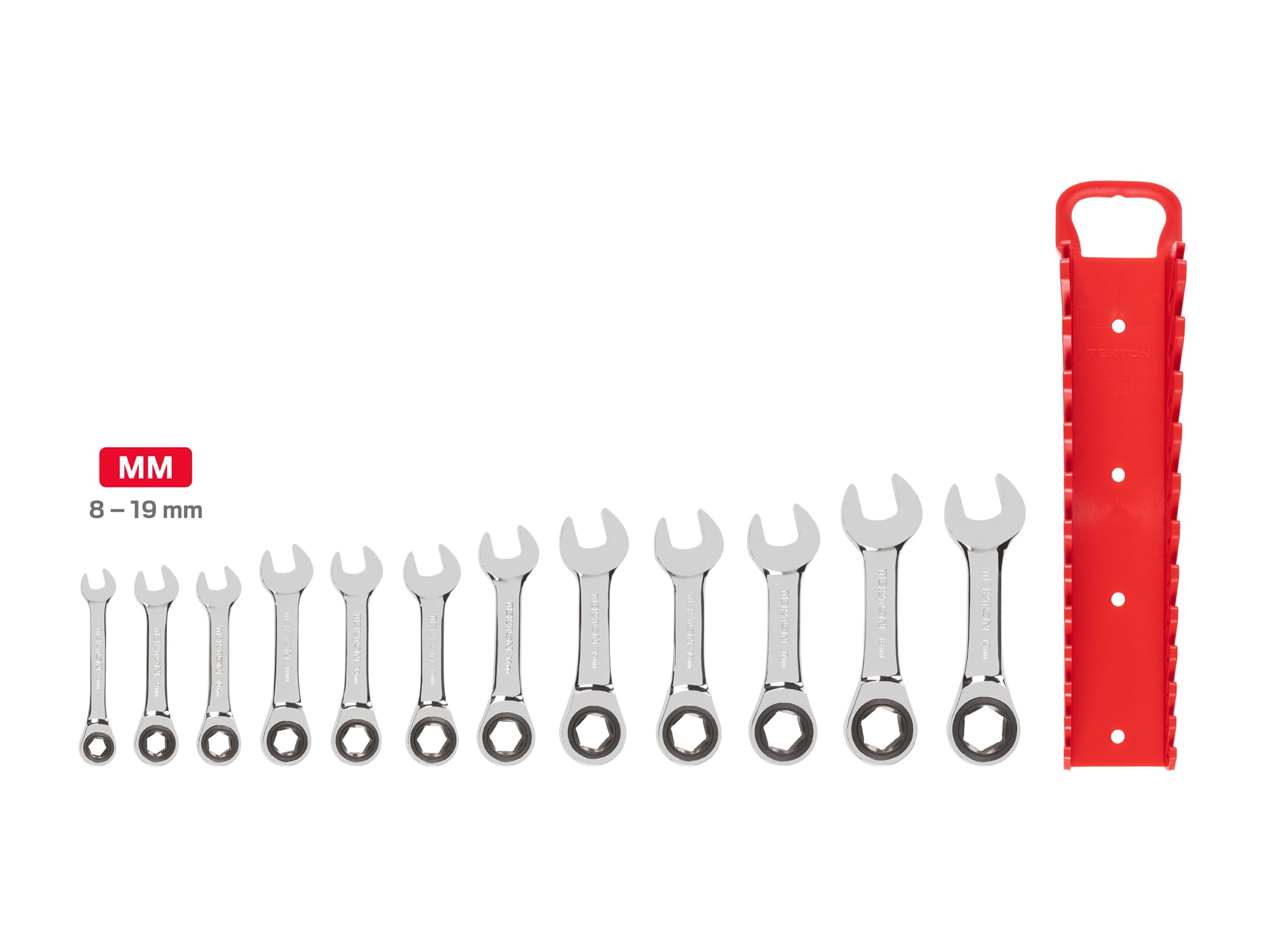 Stubby Ratcheting Combination Wrench Set, 12-Piece (8-19 mm) - Holder