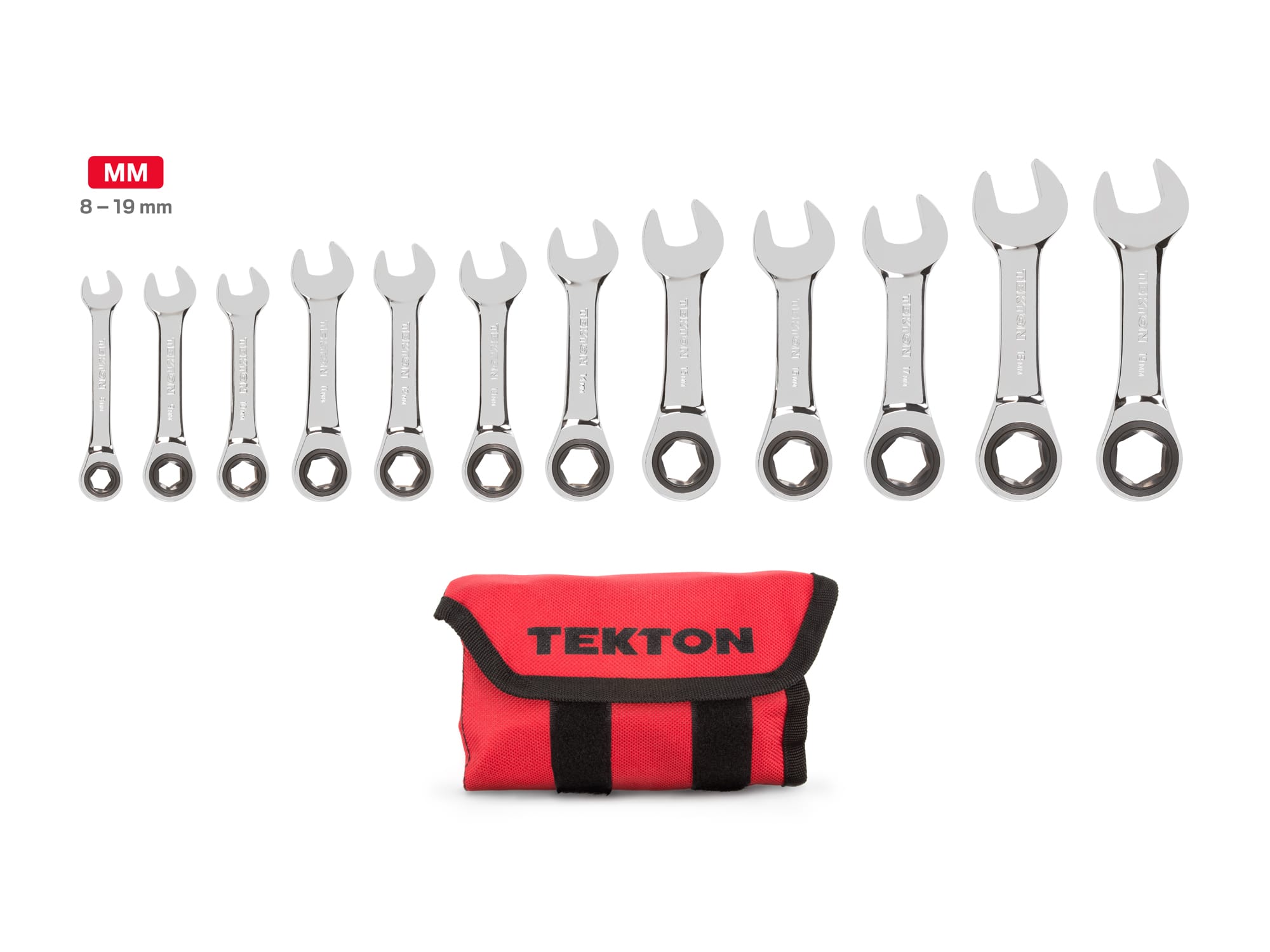 Stubby Ratcheting Combination Wrench Set, 12-Piece (8-19 mm) - Pouch