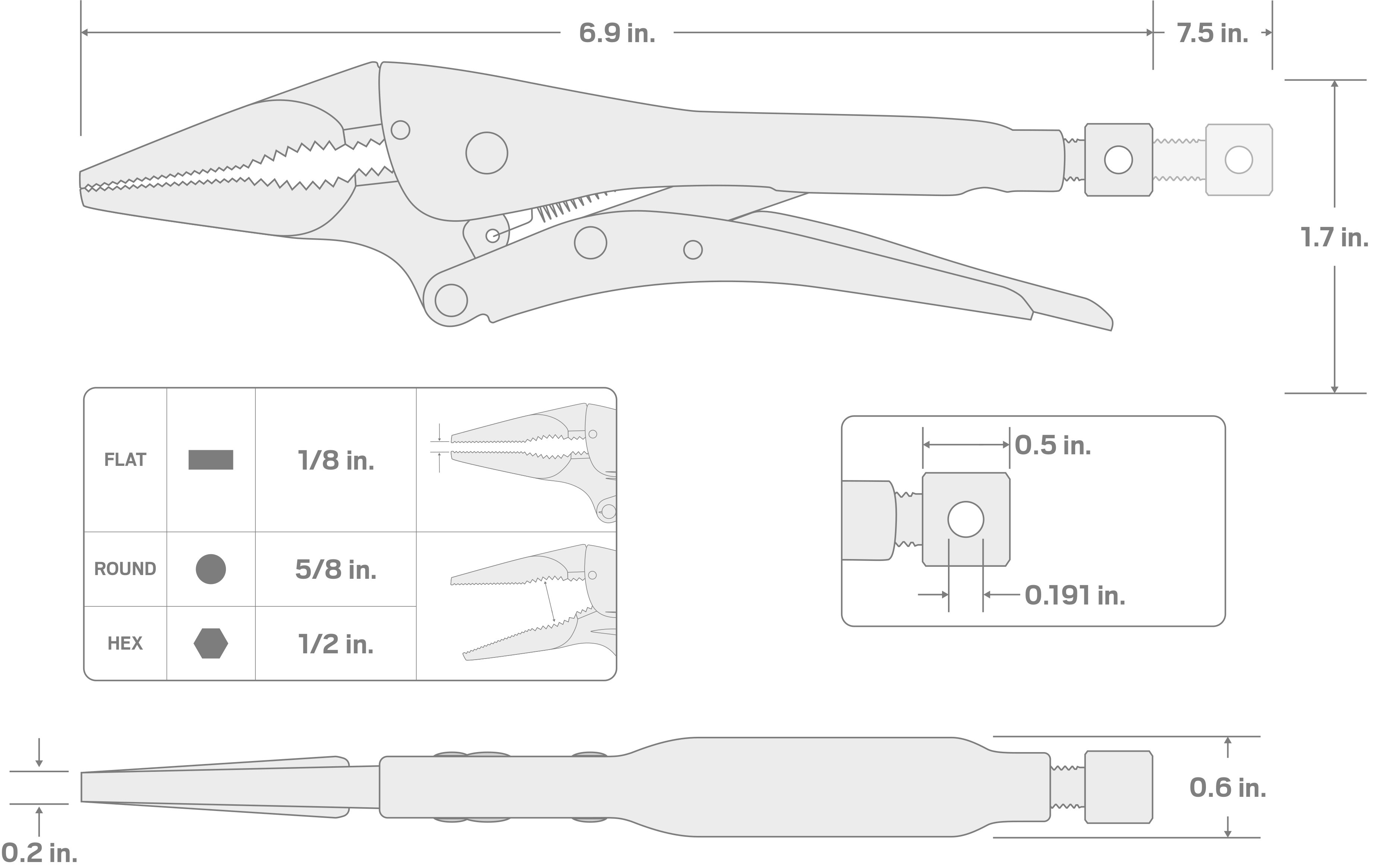 Specs for 6 Inch Long Nose Locking Pliers