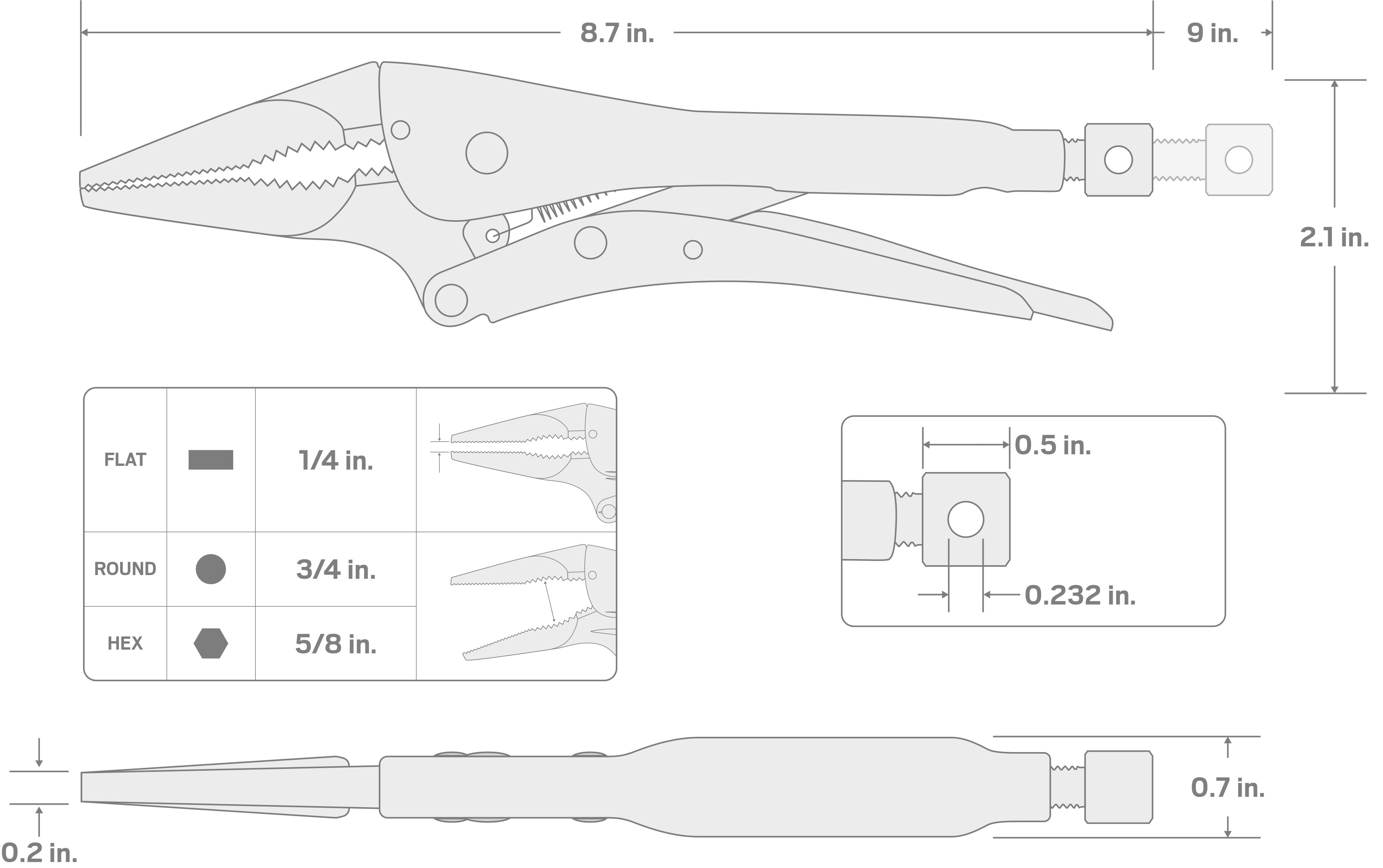 Specs for 9 Inch Long Nose Locking Pliers