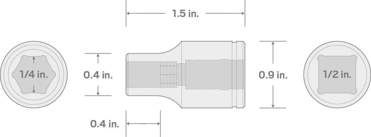 Specs for 1/2 Inch Drive x 1/4 Inch Magnetic Hex Bit Holder Socket