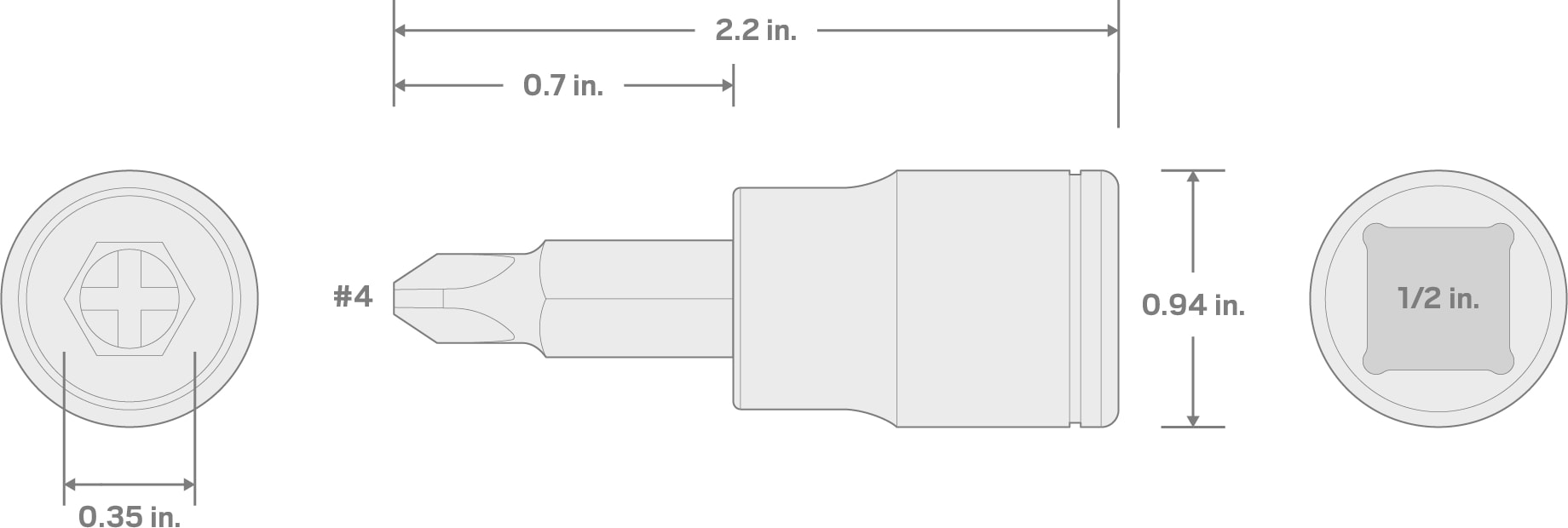 Specs for 1/2 Inch Drive x #4 Phillips Bit Socket