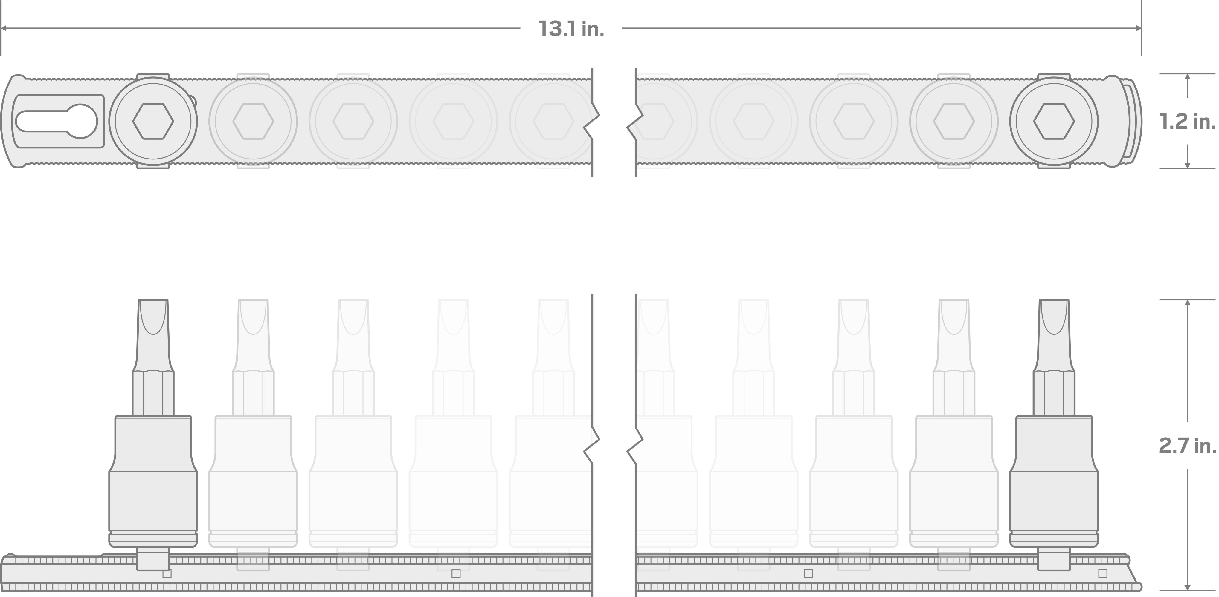 Specs for 1/2 Inch Drive Tamper-Resistant Torx Bit Socket Set with Rail, 10-Piece (TR20-TR60)