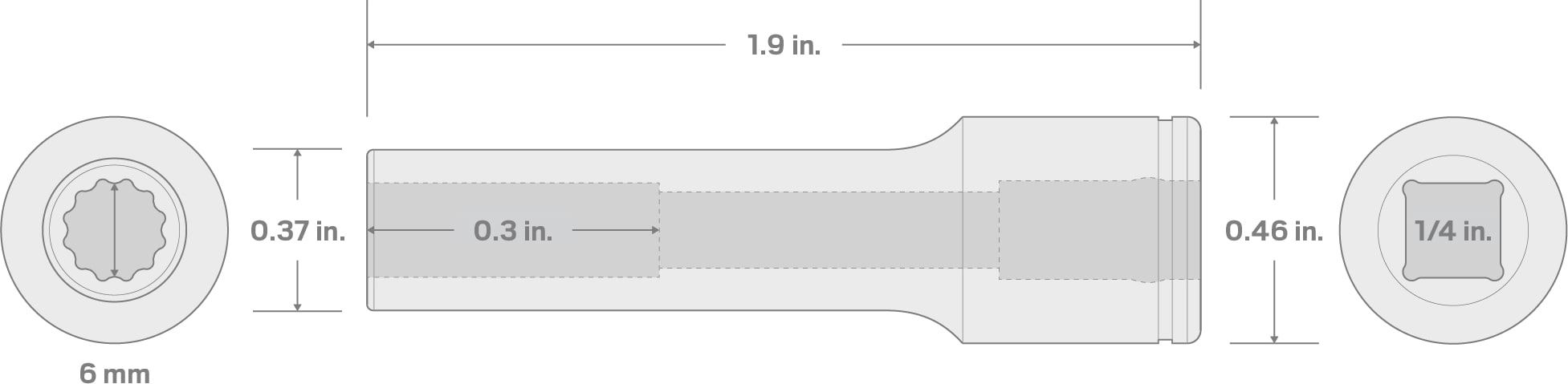 Specs for 1/4 Inch Drive x 6 mm Deep 12-Point Socket