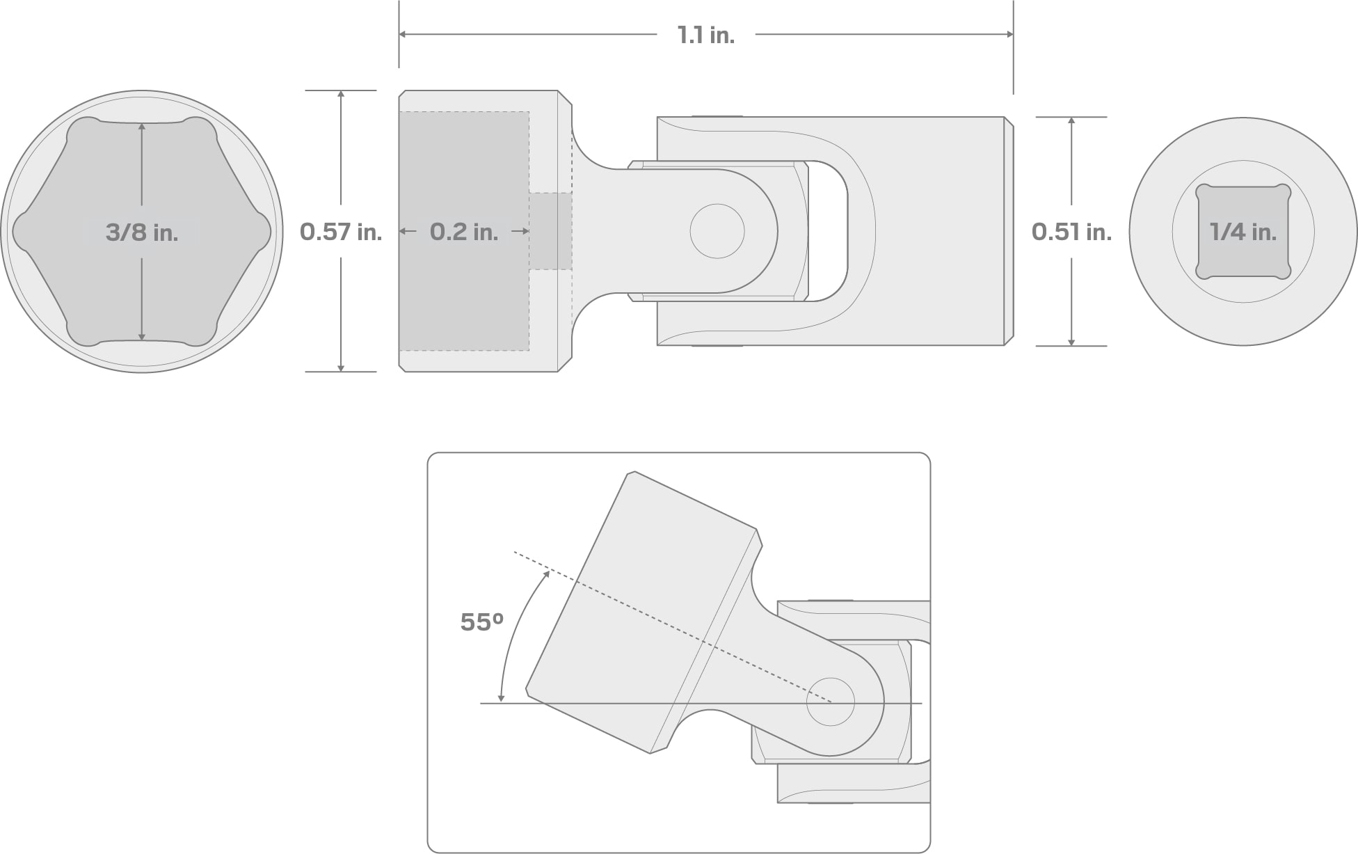 Specs for 1/4 Inch Drive x 3/8 Inch Universal Joint Socket