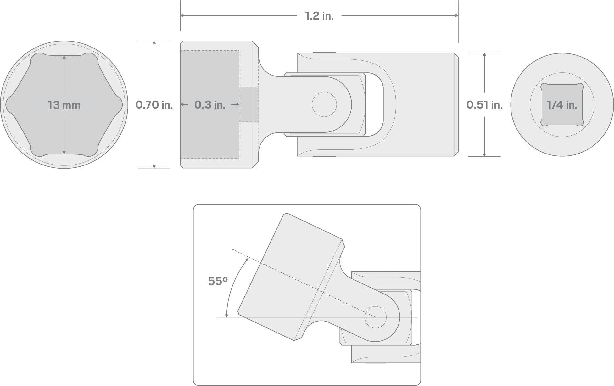 Specs for 1/4 Inch Drive x 13 mm Universal Joint Socket