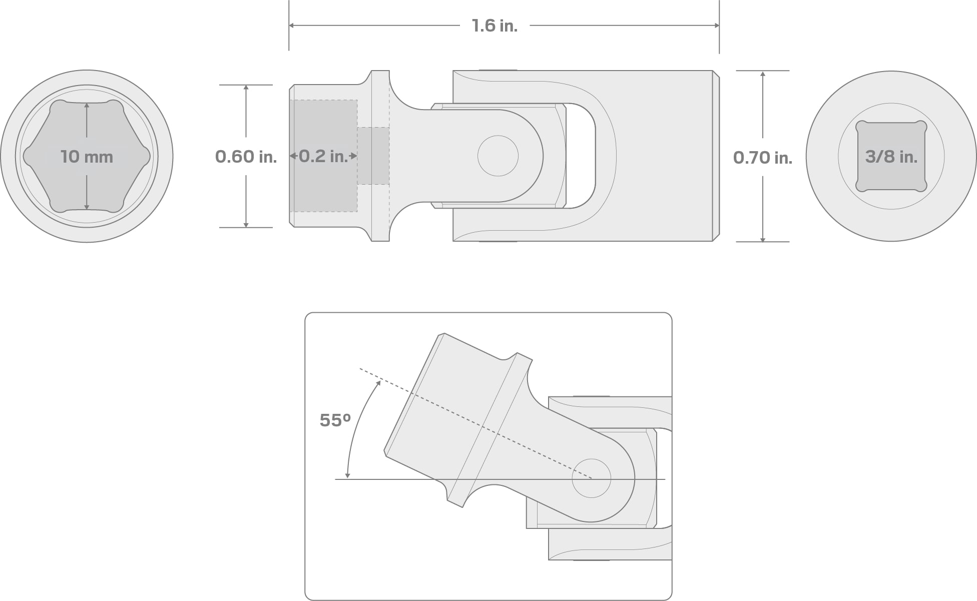 Specs for 3/8 Inch Drive x 10 mm Universal Joint Socket