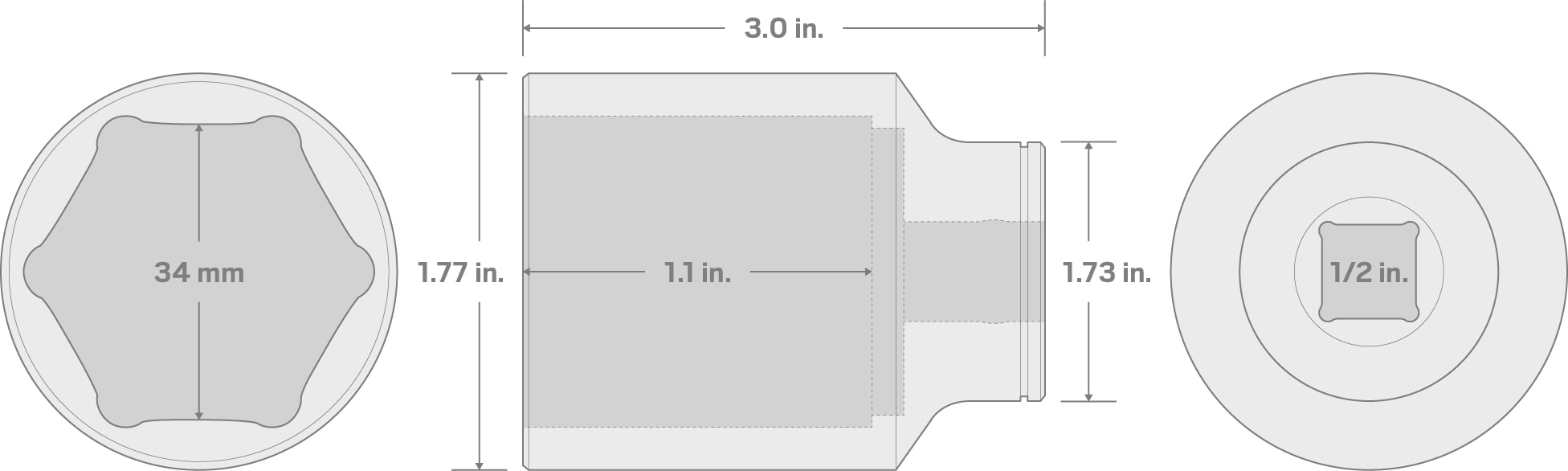 Specs for 1/2 Inch Drive x 34 mm Deep 6-Point Socket