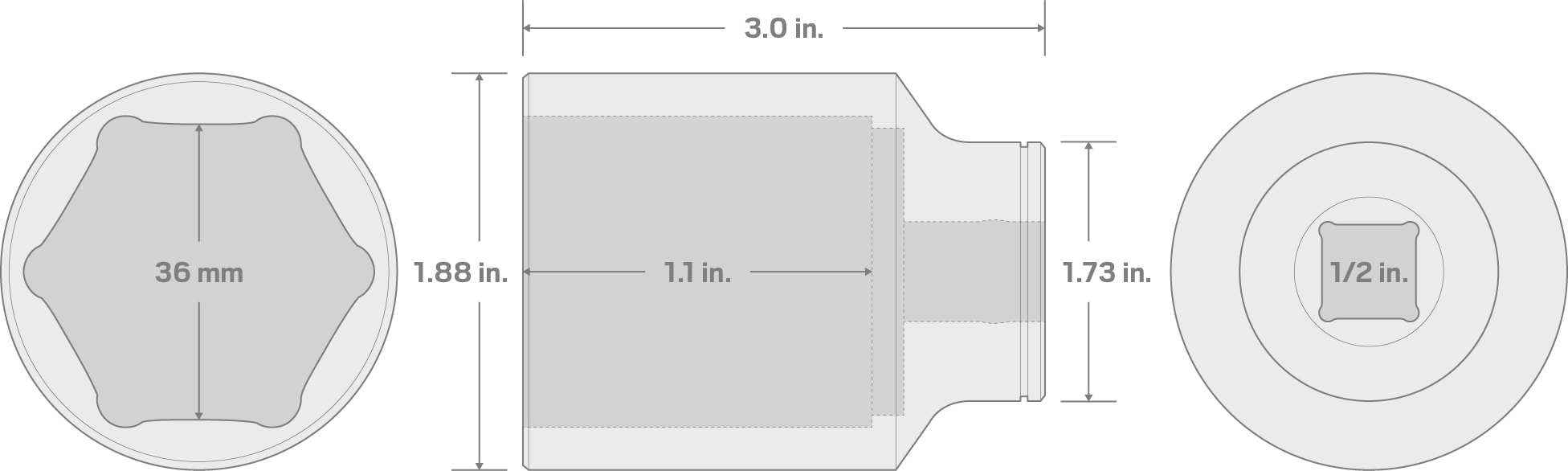 Specs for 1/2 Inch Drive x 36 mm Deep 6-Point Socket
