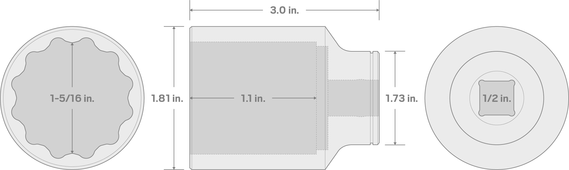 Specs for 1/2 Inch Drive x 1-5/16 Inch Deep 12-Point Socket