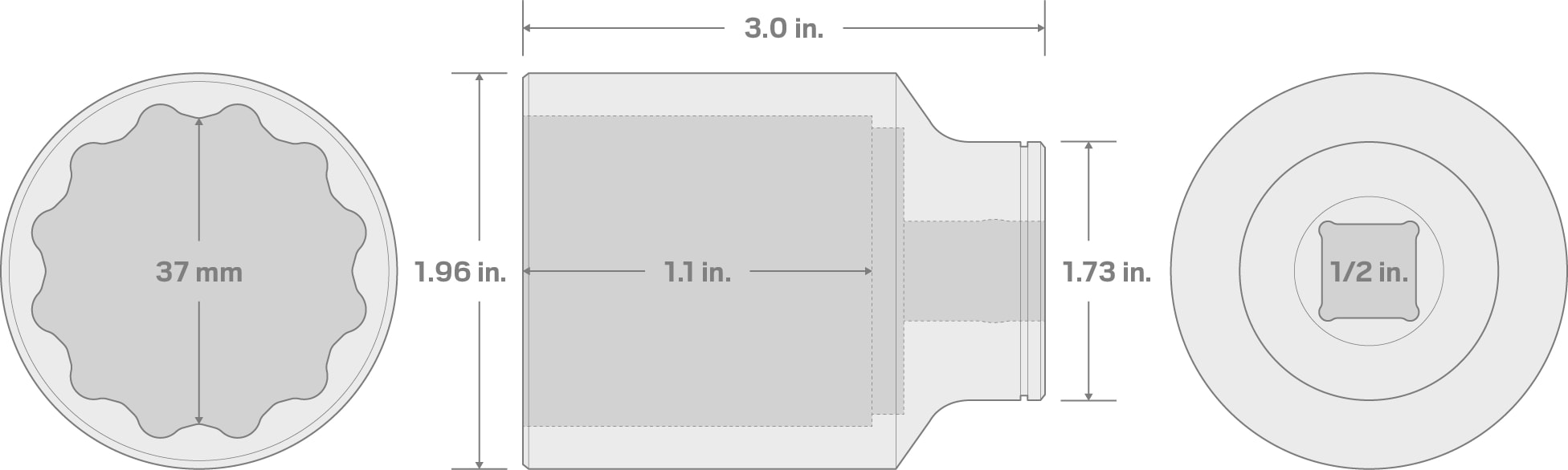 Specs for 1/2 Inch Drive x 37 mm Deep 12-Point Socket