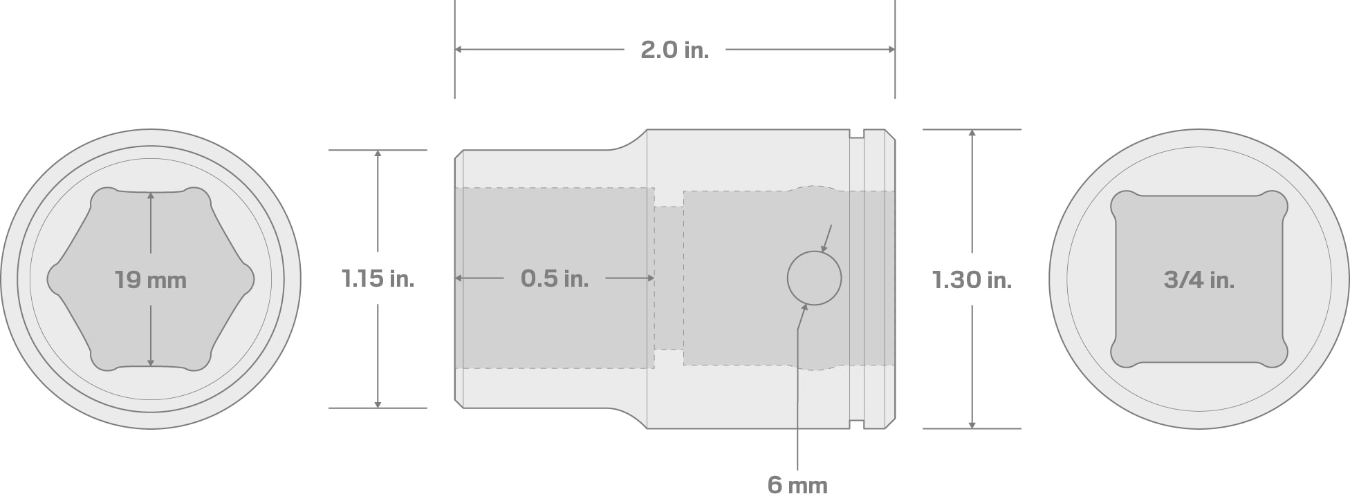 Specs for 3/4 Inch Drive x 19 mm 6-Point Socket