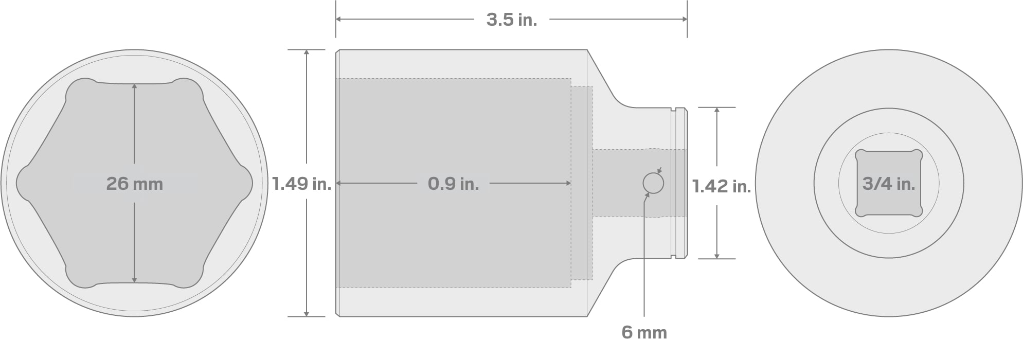 Specs for 3/4 Inch Drive x 26 mm Deep 6-Point Socket
