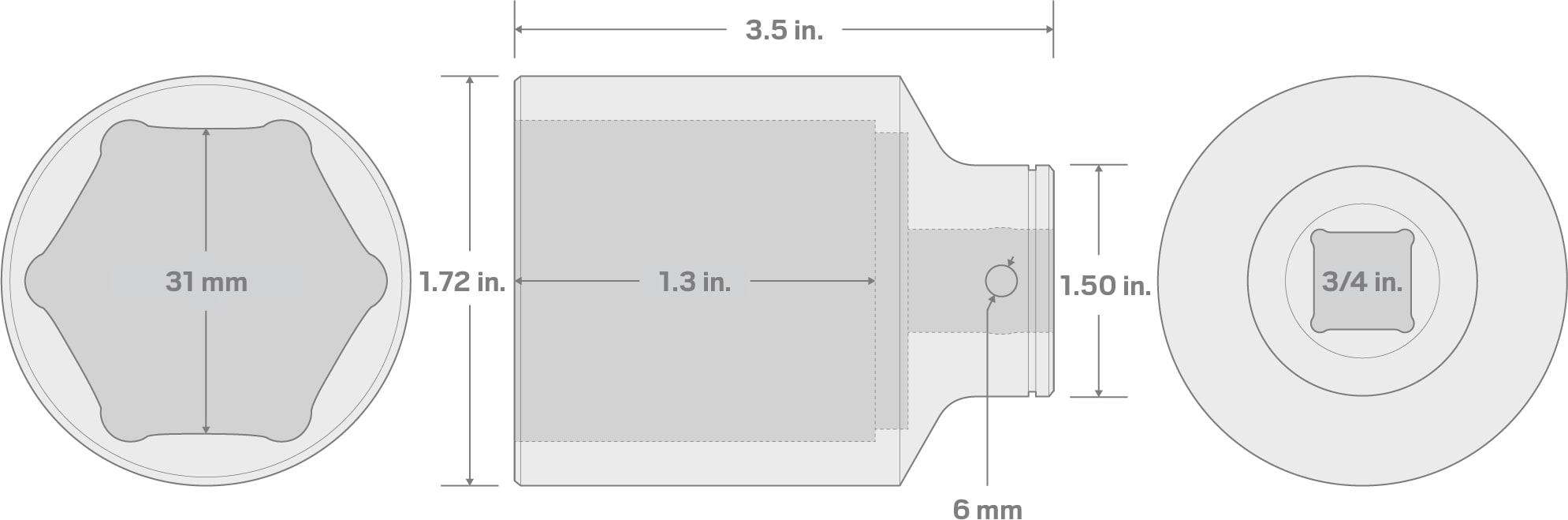 Specs for 3/4 Inch Drive x 31 mm Deep 6-Point Socket