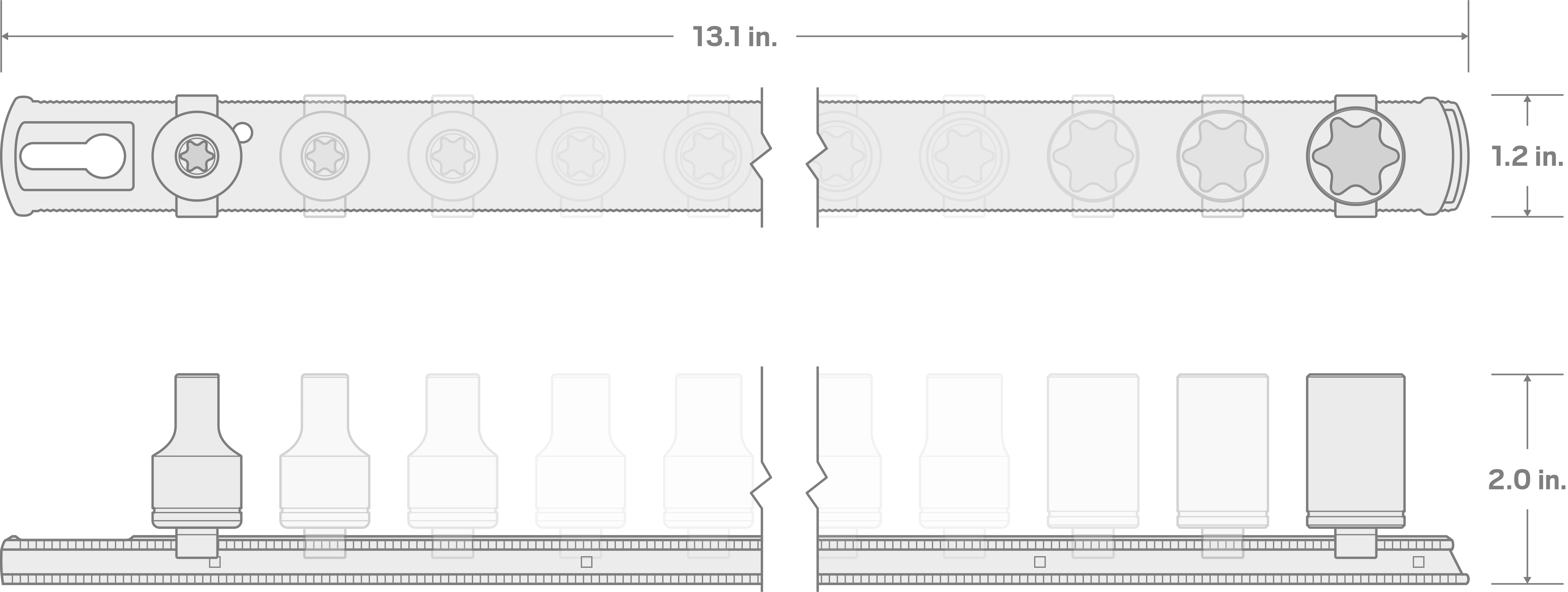 Specs for 1/2 Inch Drive External Star Socket Set, 10-Piece (E8-E24) - Rails