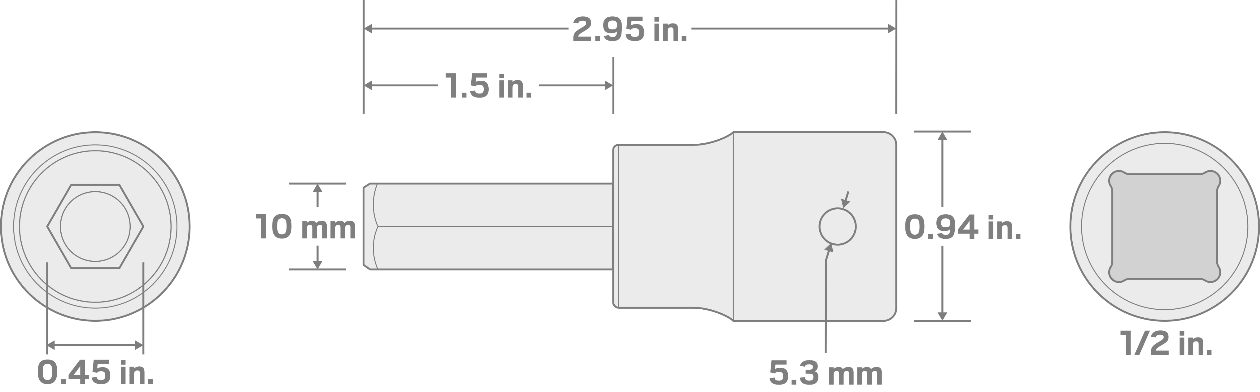 Specs for 1/2 Inch Drive x 10 mm Hex Impact Bit Socket