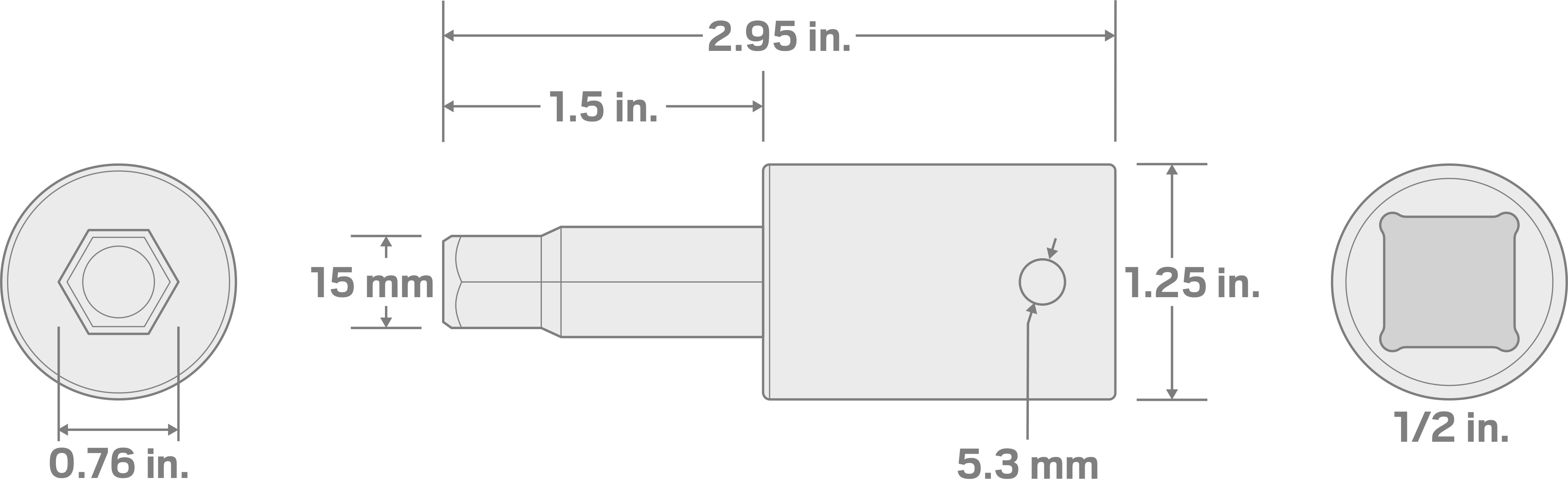 Specs for 1/2 Inch Drive x 15 mm Hex Impact Bit Socket