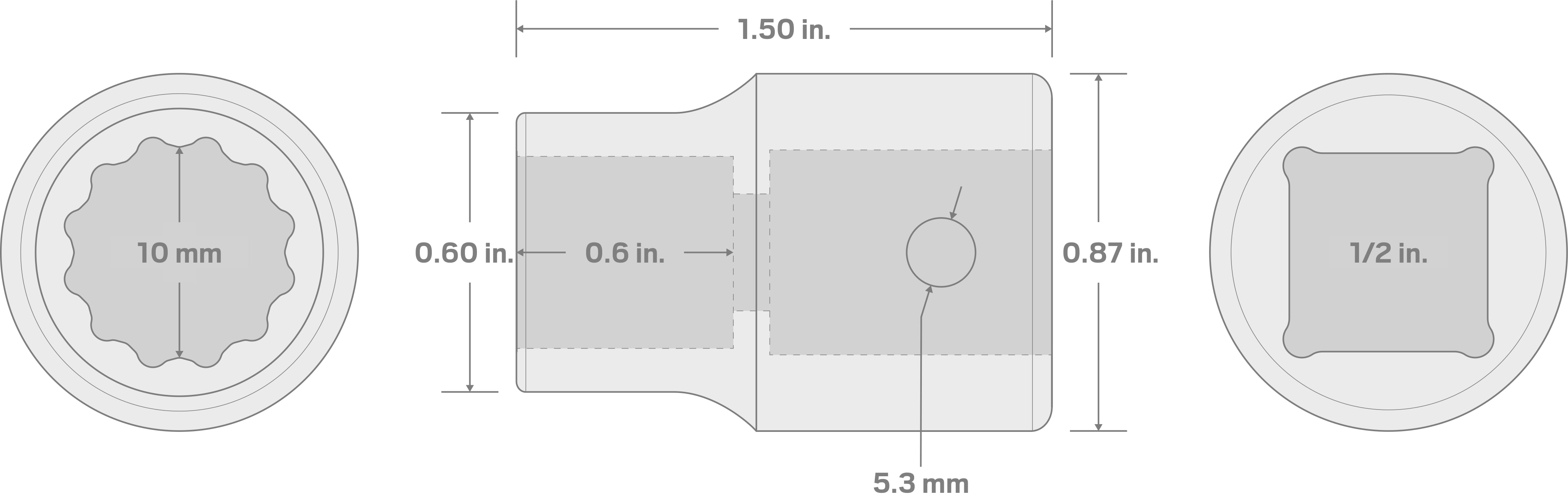 Specs for 1/2 Inch Drive x 10 mm 12-Point Impact Socket