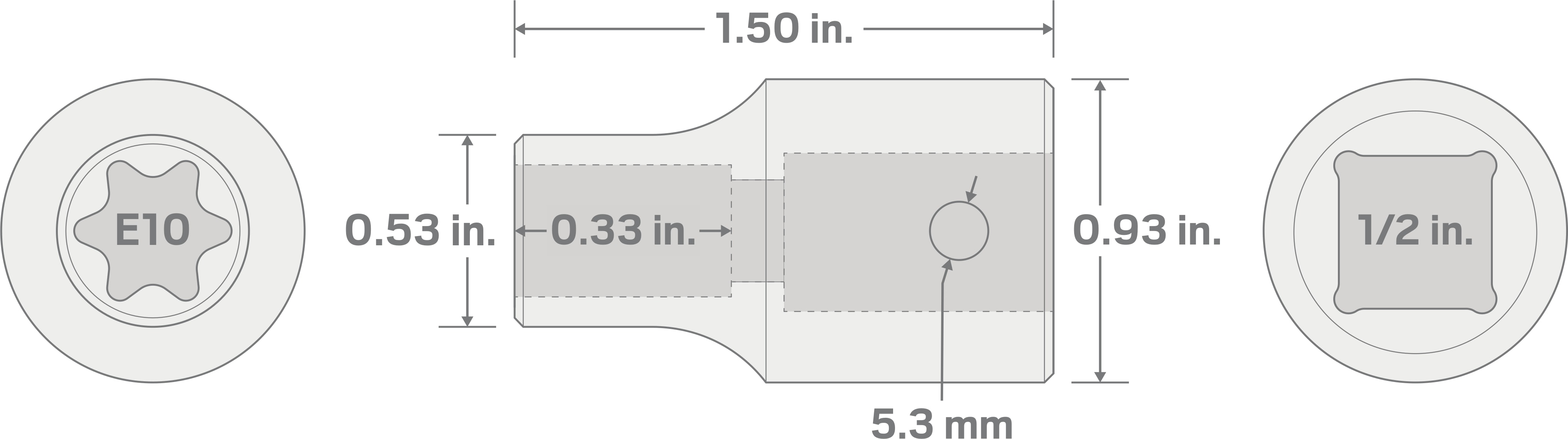 Specs for 1/2 Inch Drive x E10 External Star Impact Socket