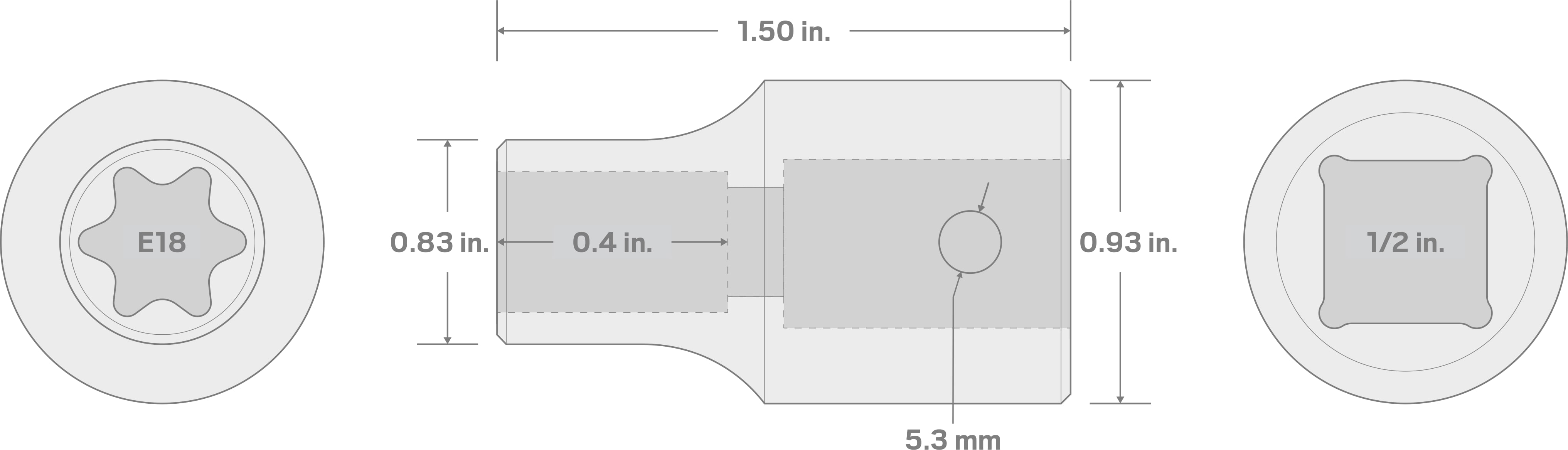 Specs for 1/2 Inch Drive x E18 External Star Impact Socket