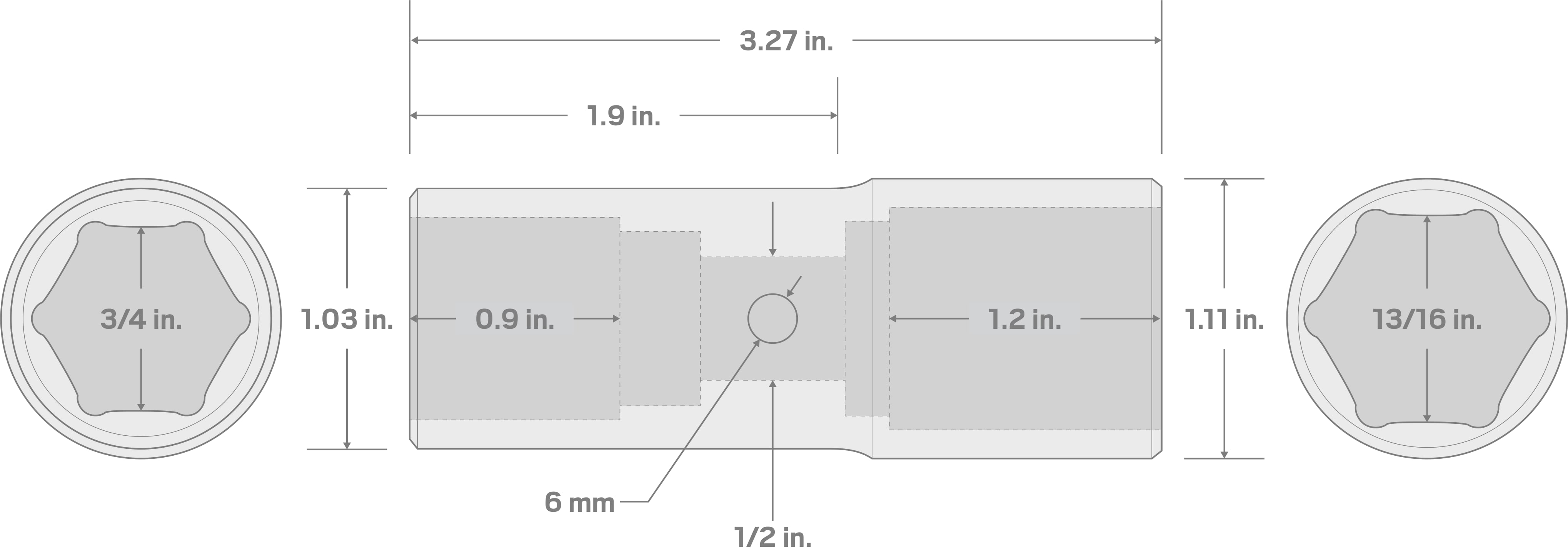 Specs for 1/2 Inch Drive 3/4 x 13/16 Inch Thin Wall Impact Flip Socket