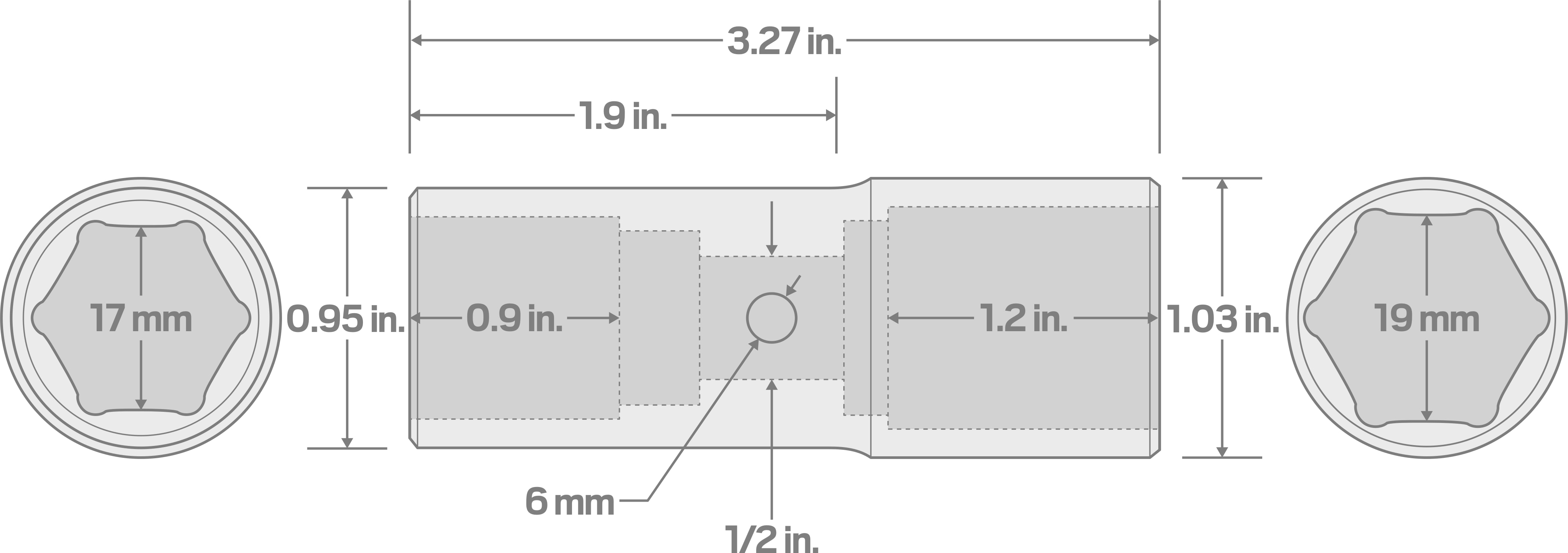 Specs for 1/2 Inch Drive 17 x 19 mm Thin Wall Impact Flip Socket