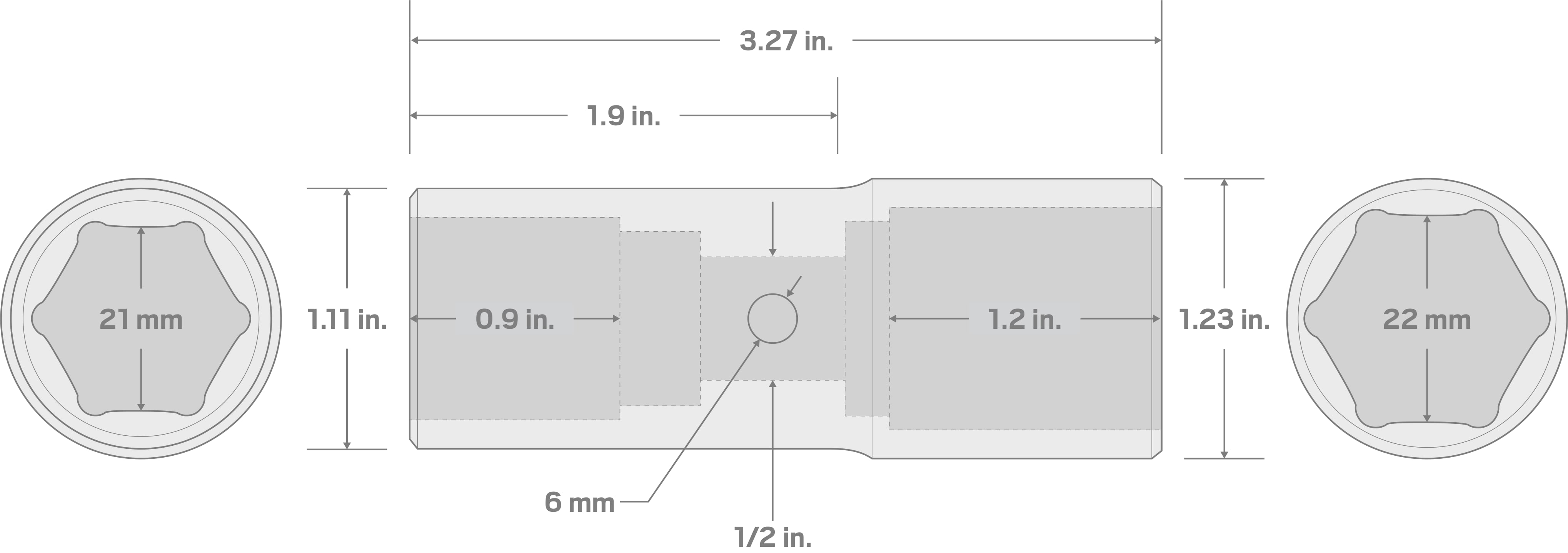 Specs for 1/2 Inch Drive 21 x 22 mm Thin Wall Impact Flip Socket