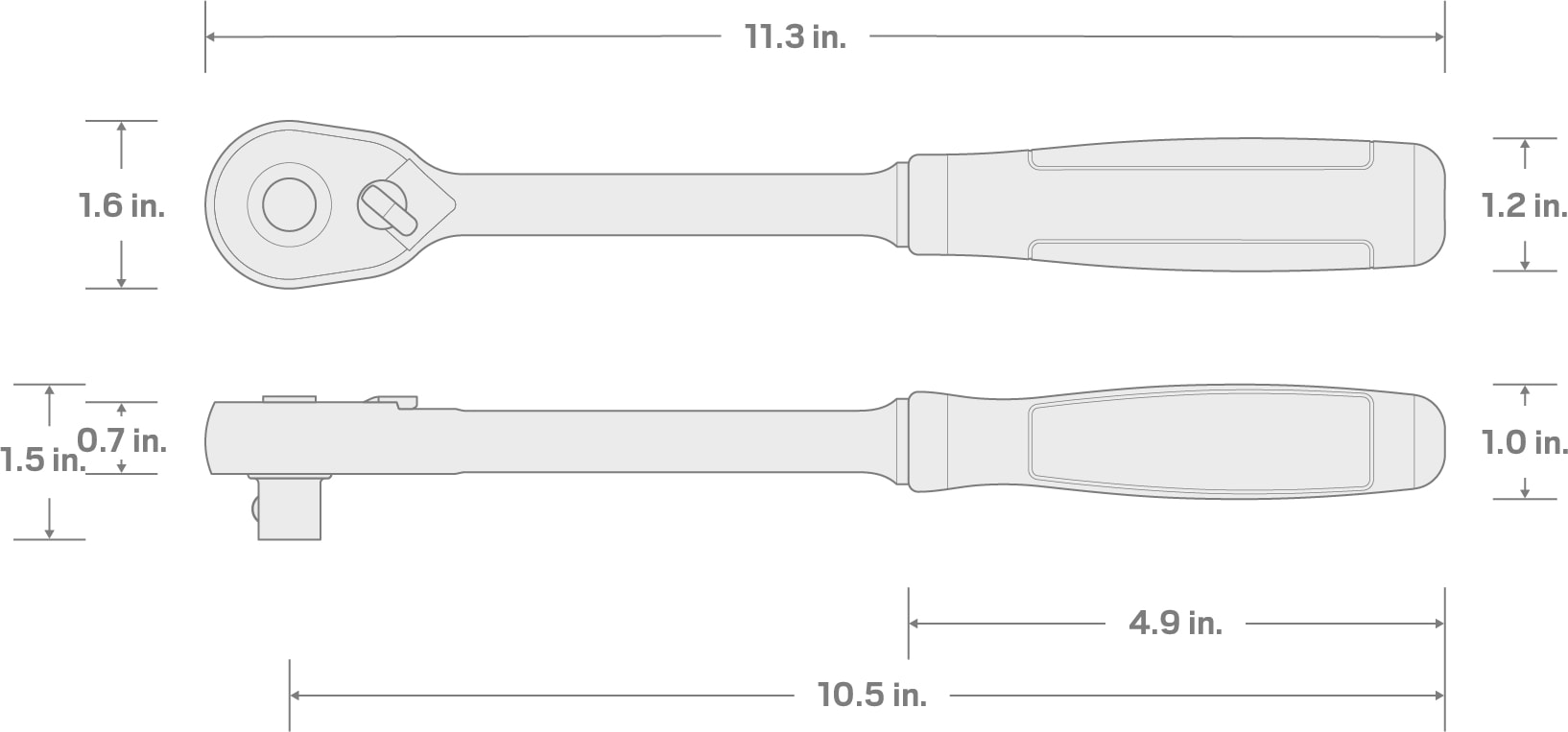 Specs for 1/2 Inch Drive x 10-1/2 Inch  Quick-Release Comfort Grip Ratchet