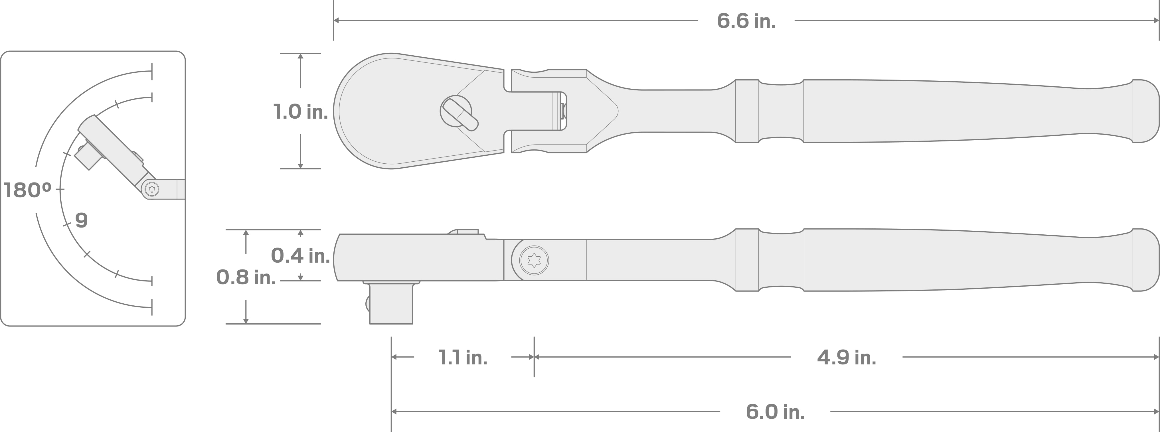 Specs for 1/4 Inch Drive x 6 Inch Flex Head Ratchet