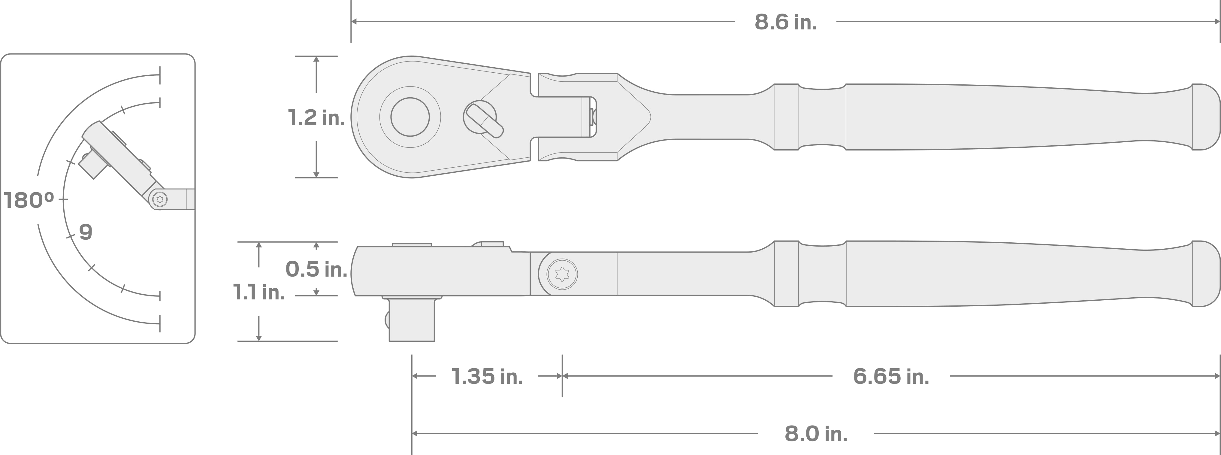 Specs for 3/8 Inch Drive x 8 Inch Flex Head Quick-Release Ratchet