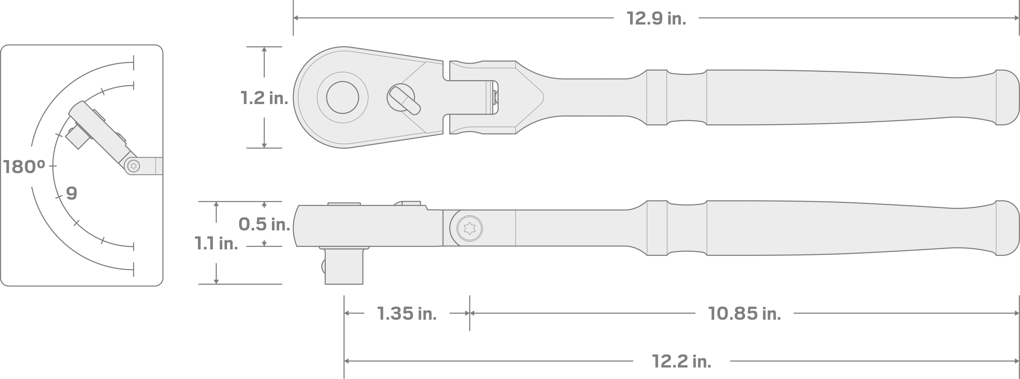 Specs for 3/8 Inch Drive x 12 Inch Flex Head Quick-Release Ratchet