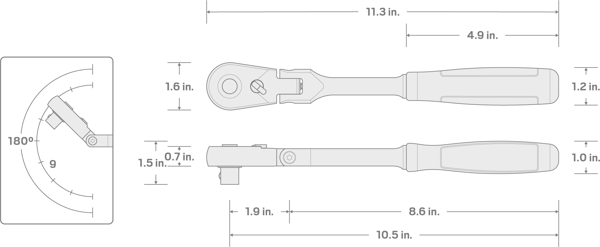 Specs for 1/2 Inch Drive x 10-1/2 Inch Flex Head Quick-Release Comfort Grip Ratchet