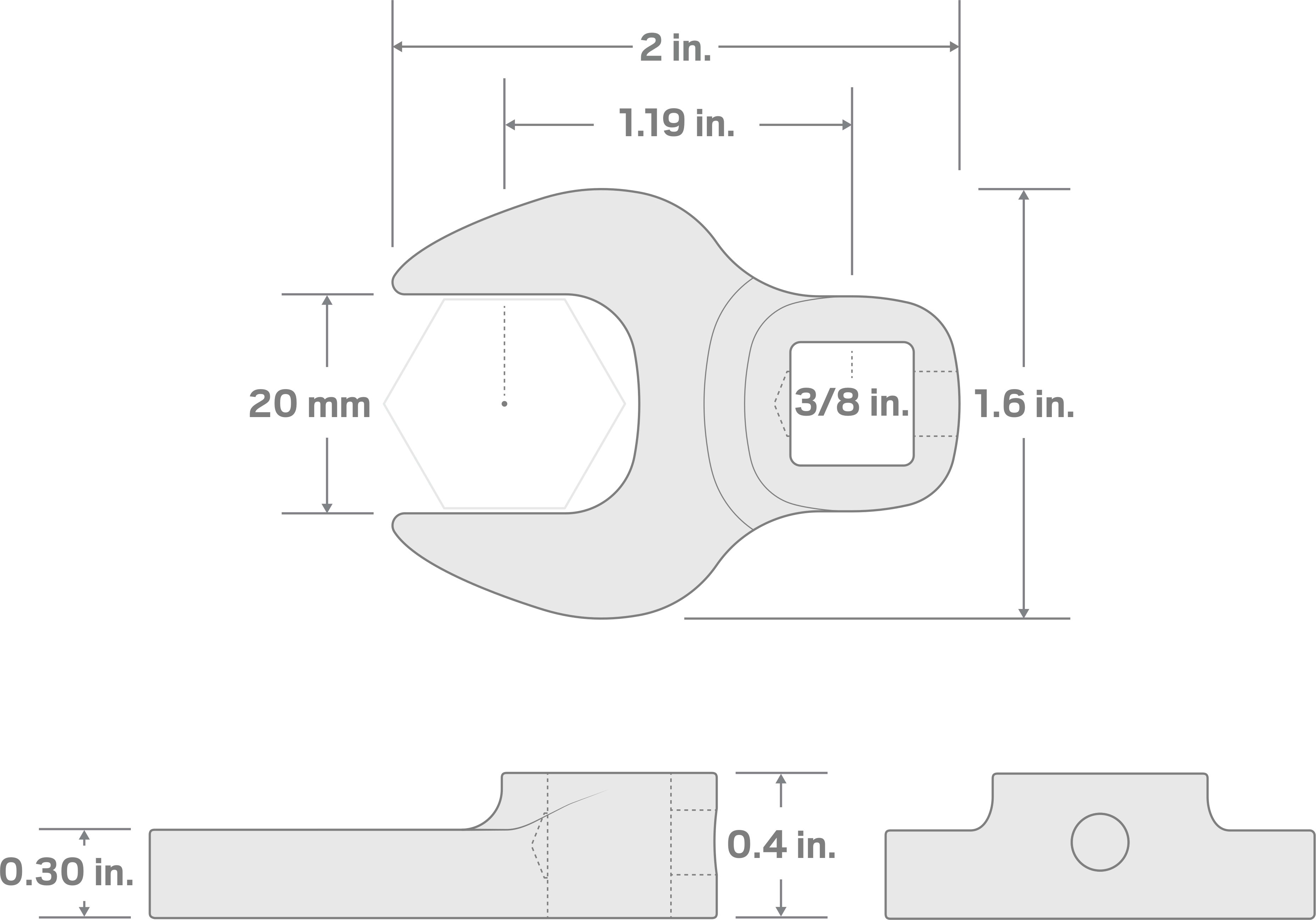 Specs for 3/8 Inch Drive x 20 mm Crowfoot Wrench